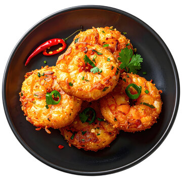 Authentic philippine ukoy fritters with whole shrimp, presented on a plate and isolated on a plain white background