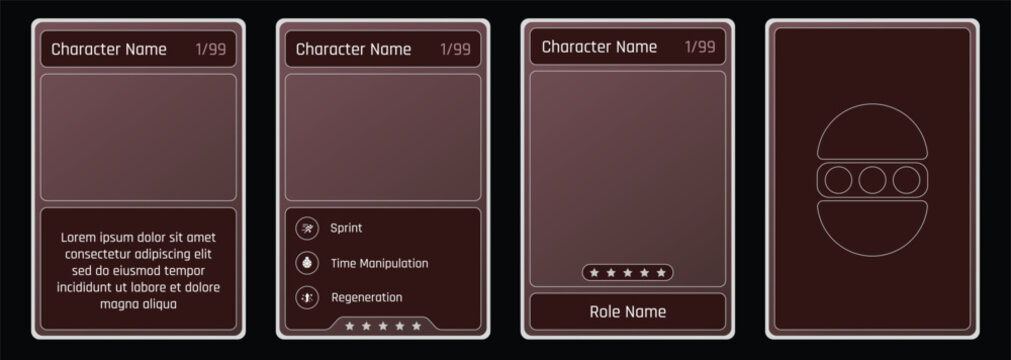 Classic minimalist Themed game trading card templates with an browngradient color. Customizable vector design for TCG, RPG, and character cards. Features slots for player name and description.