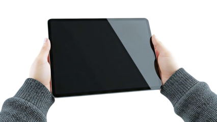 Hands holding a blank tablet device
