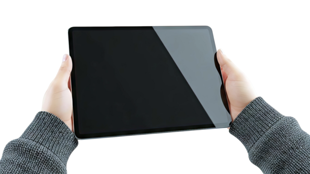 Hands holding a blank tablet device - Powered by Adobe