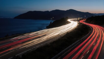 Highway at night, winding along coastal mountains. Light trails from cars blur across the road, reflecting the movement and energy of travel.  The dark silhouette of mountains meets the dark water