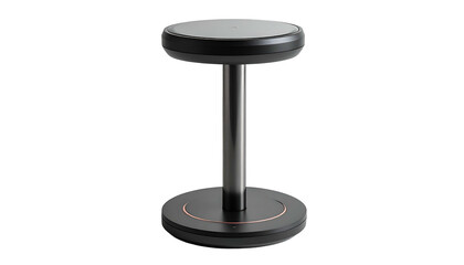 Modern, sleek black, circular pedestal with a copper-tone accent