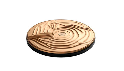 A round, gold-toned object with layered, wave-like texture, set against a black backdrop