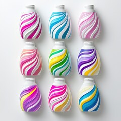 Obraz premium A creative flat lay composition of cosmetic bottles with vibrant and colorful labels, arranged neatly against a clean white background. Each bottle is in sharp focus, showcasing modern designs and