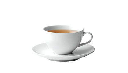 Obraz premium White teacup filled with tea, on saucer, against black background