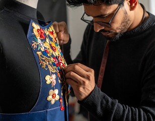 A man tailoring a floral embroidered dress on a mannequin