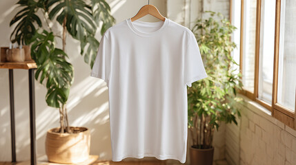Minimalist Apparel Display: A pristine blank t-shirt hangs gracefully on a wooden hanger, showcasing simplicity. A clean aesthetic with a focus on design potential.