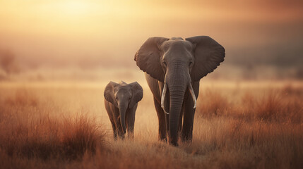 Obraz premium Elephant standing on the savanna at sunset during a safari in Africa