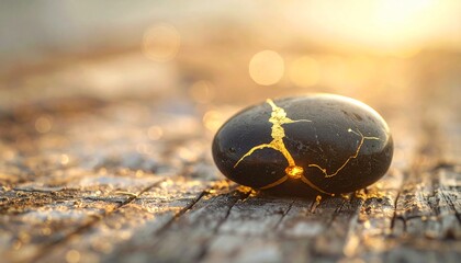 Broken dark stone repaired with gold kintsugi technique on wooden surface. Metaphor for healing trauma, mental health recovery, and beauty in imperfections.