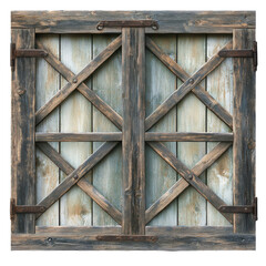 Rustic wooden door crisscross weathered textures aged charm isolated on white background