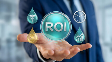 Executive in a blue suit presenting Return On Investment concept with health money growth and time symbols on open hand