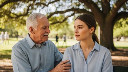 Obraz premium An older man and young woman sitting together in a park on a sunny day