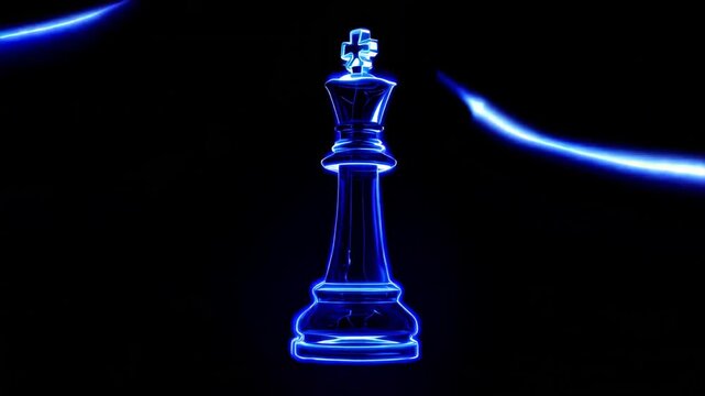A luminous blue king chess piece with a neon outline stands majestically against a black backdrop