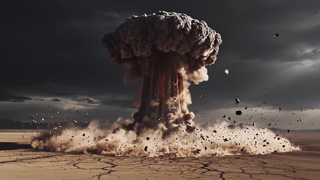 Mushroom cloud explosion in desert landscape, dramatic 3D rendering, apocalyptic atmosphere with dark stormy sky and dry cracked earth.