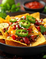 A plate of tortilla chips loaded with cheese, jalapenos, and beans