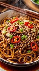 Delicious Sesame Noodles with Chili and Scallions Close-Up.