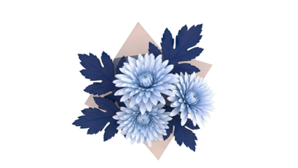 Three Blue Chrysanthemums with Dark Blue Leaves and Geometric Accent