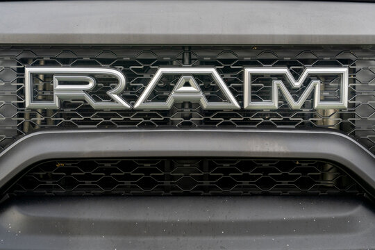 Dodge Ram automobile logo on pickup truck