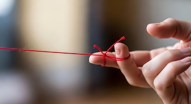 Red string tied around index finger as a reminder or to signify a connection or bond