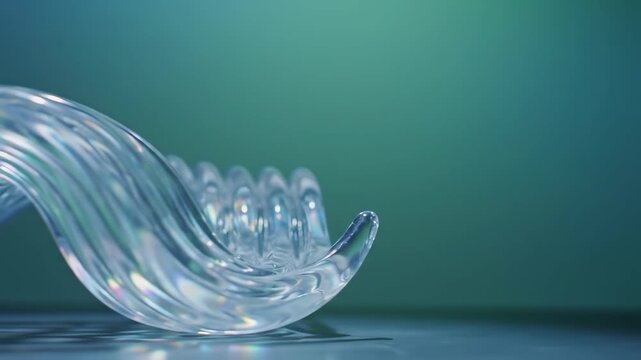Close-up of a clear plastic dental aligner on a reflective surface with a gradient blue-green background.