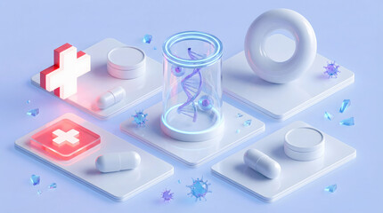 Vibrant isometric rendering of medical science and genetic research featuring a glowing DNA helix structure red cross healthcare s