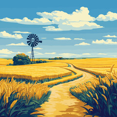Obraz premium Flat vector illustration of Kansas plains featuring golden wheat fields