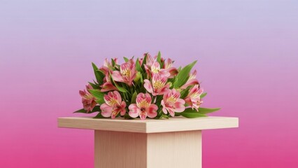 A bouquet of pink and white flowers on a wooden stand against a gradient background.