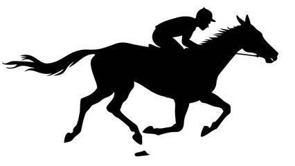 A silhouette of a jockey riding a horse at full speed in a dramatic pose