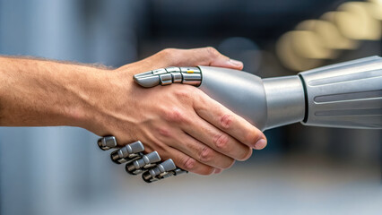 Human robot handshake new world order partnership future trust closeup connection hopeful concept