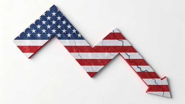 Downward arrow with American flag design symbolizes economic decline in America. image conveys sense of financial struggle