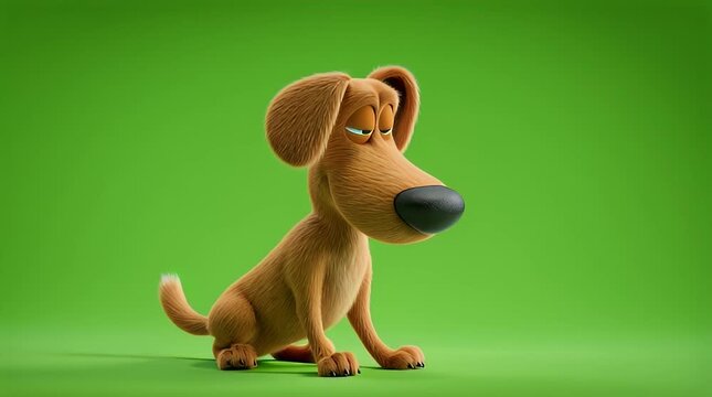 A 3D animated dog character sits playfully on a green background, looking to the side with a cute expression.