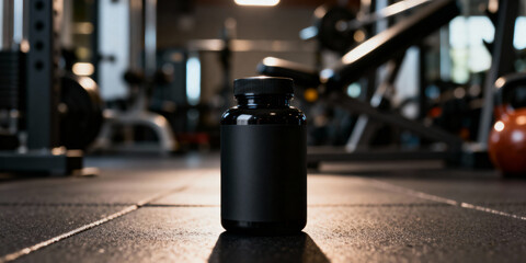 Black supplement bottle placed on gym floor with blurred fitness equipment in background