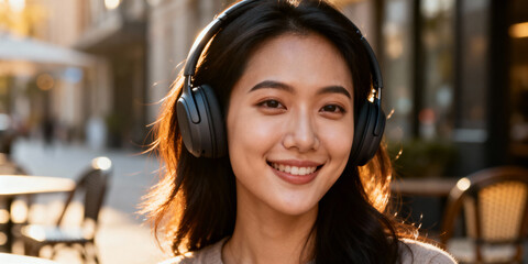 Young Asian woman smiling wearing wireless headphones outdoors in warm sunlight