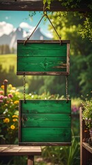 A serene garden scene featuring two green wooden signs hanging from a structure