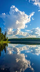 A serene lake scene with a mirror-like reflection of a blue sky and white clouds, surrounded by lush greenery
