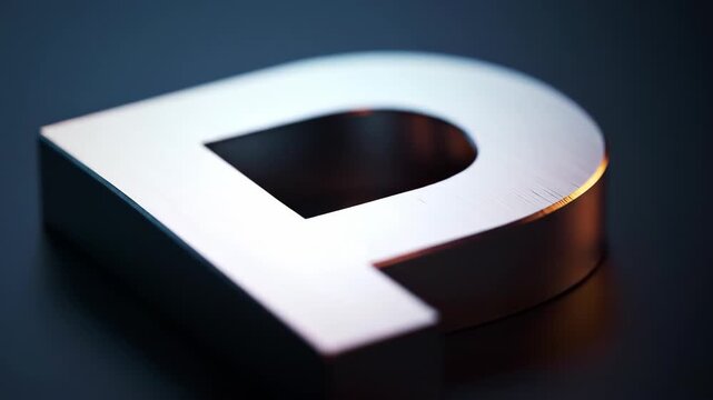 Close-up of a metallic letter P with a blue and orange light reflection on a dark background.