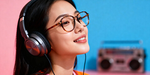 Asian woman wearing headphones and glasses enjoying music with retro radio in background