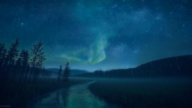 A high-resolution view of a starry night sky filled with flowing green light curtains reflected in the stillness of a sub-zero wilderness.