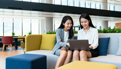 Two Asian businesswomen sitting together on sofa smiling while working on laptop in office