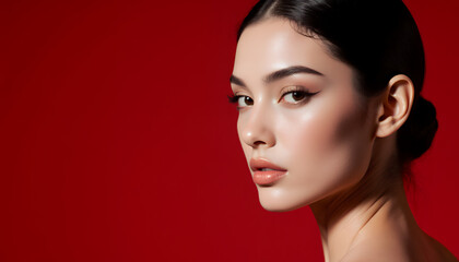 Fototapeta premium Elegant Female Portrait with Dramatic Red Background