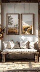 A serene room with a rustic bench, adorned with pillows, under framed artwork