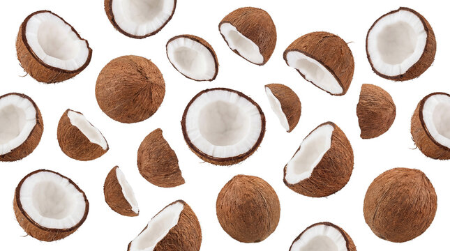 vibrant coconut halves and whole coconuts scattered artistically across a stark transparent background, creating a tropical and refreshing visual.