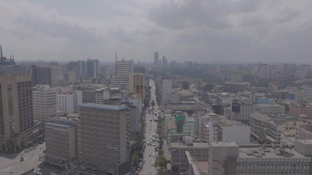 An aerial drone fly by over Moi Avenue street in Nairobi city Kenya