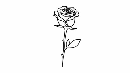 Single line drawing of a beautiful rose flower with stem and leaves. © Wir