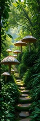 Lush green foliage with oversized mushrooms and winding paths, bathed in soft light,  stylized,  foliage