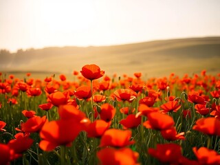 Vibrant red poppy field bathed in soft sunlight, symbolizing remembrance and beauty,  scarlet,  garden