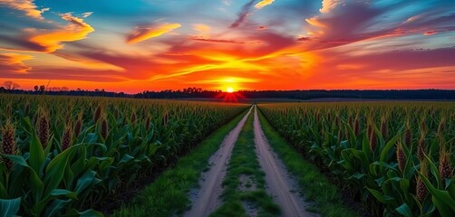 Vibrant sunset over cornfield, dirt road leading to horizon where sun dips behind distant treeline, painting the sky in stunning colors,  dusk,  farming