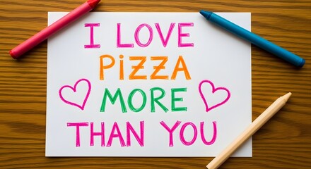 Handwritten note on paper that says i love pizza more than you with colorful crayons