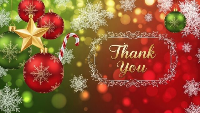 Christmas-themed background with red and green ornaments, snowflakes, and a gold star.