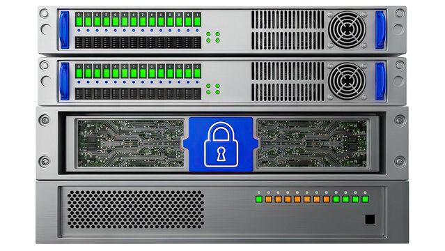 Server Rack with Security Lock Icon and Status Lights - Powered by Adobe